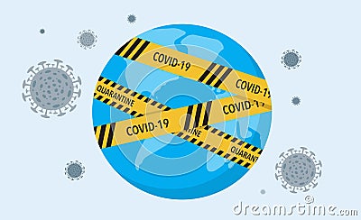 COVID-19 virus lockdown barrier tape over a world. Coronavirus pandemic, vector concept illustration stock illustration Vector Illustration