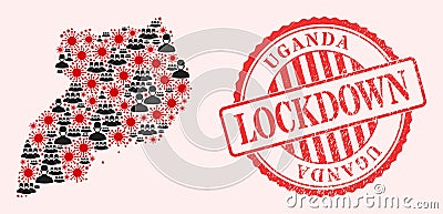 Covid Virus and Masked Men Mosaic Uganda Map and Lockdown Grunge Stamp Vector Illustration