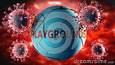 Covid-19 virus and playgrounds, symbolized by viruses destroying word playgrounds to picture that coronavirus outbreak destroys Cartoon Illustration