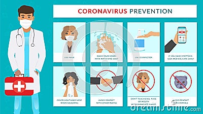 Covid-19 virus protection tips. Illustrated medical procedures with stick figures to prevent coronavirus spread Cartoon Illustration