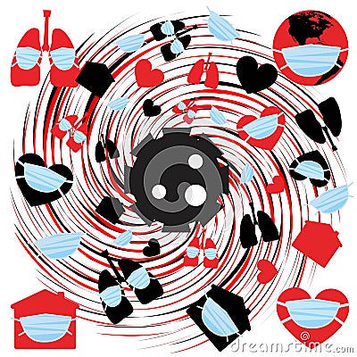 Covid vortex 19, Coronavirus sketchy icons of Sediment, lungs, globe, home and mask. vector illustration, incographics, isolate Vector Illustration