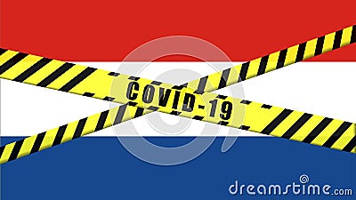 COVID-19 warning Black and Yellow ribbon on NETHERLANDS FLAG illustration, Coronavirus danger area, Hollad containment, Cartoon Illustration