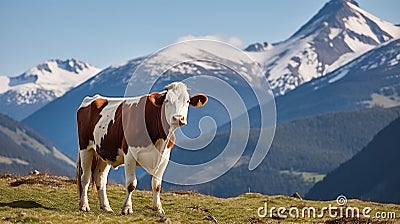 A Cow Amidst the High Alpine Meadow, Framed by Snowy Peaks. Generative AI Stock Photo