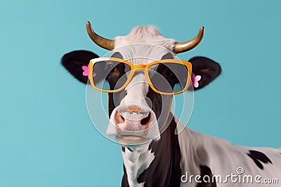 cow animal colourful character funny head cute portrait sunglasses face. Generative AI. Stock Photo