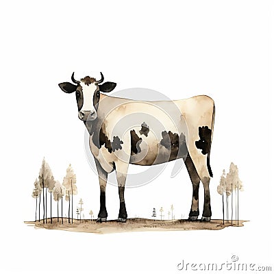 Cow Art By Jon Klassen: Full Body Illustration On White Isolated Background Stock Photo