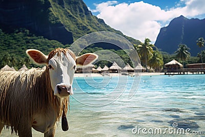 A cow on the background of the island of Tahiti and the ocean. Journey Stock Photo