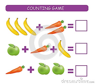 Counting game for preschool children. Educational a mathematical game. Ð¡ount how many fruits and vegetables in each row and write Vector Illustration