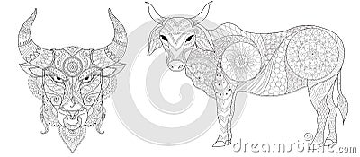 Cow and bull collection for printing and coloring book page for anti stress. Vector illustration Vector Illustration