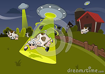 Cow captured by UFO cartoon Vector Illustration