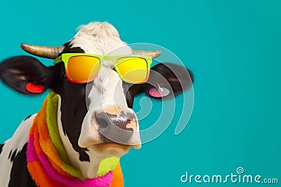 cow character cute colourful funny head animal portrait face sunglasses. Generative AI. Stock Photo