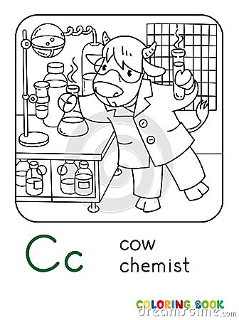 Cow chemist ABC coloring book. Alphabet C Vector Illustration