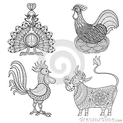 Cow, Chicken in nest, Rooster, Turkey for adult coloring page, z Vector Illustration