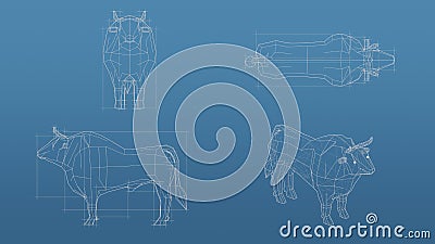 Cow 3d blueprint mesh model on a blue background. Front view orthographic and perspective free style render, 3d rendering Stock Photo