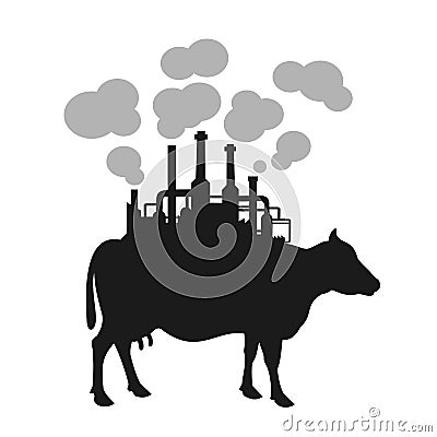 Cow with factory on the back as metaphor of cow fart. Vector Illustration