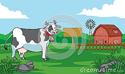 Happy cow in the farm village Vector Illustration