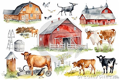 Cow, farm barn, countryside landscape watercolor illustration set, hand drawn farm animals, red barn with a tree, windmill, green Cartoon Illustration