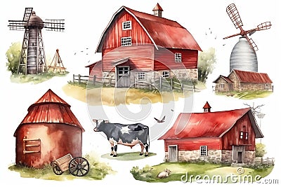 Cow, farm barn, countryside landscape watercolor illustration set, hand drawn farm animals, red barn with a tree, windmill, green Cartoon Illustration