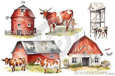 Cow, farm barn, countryside landscape watercolor illustration set, hand drawn farm animals, red barn with a tree, windmill, green Cartoon Illustration