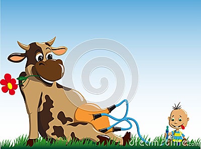 The cow gives milk to the little boy Vector Illustration