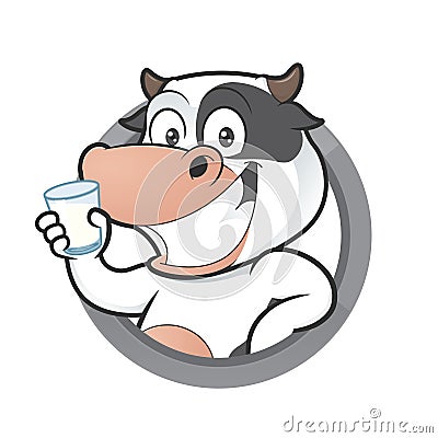 Cow with glass of milk in round frame Vector Illustration