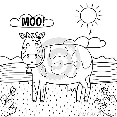 The cow goes moo black and white print. Coloring page with cute farm character Vector Illustration