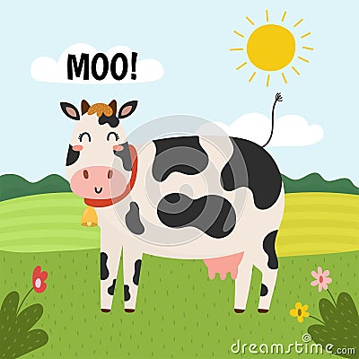 The cow goes moo print. Cute farm character on a green pasture Vector Illustration