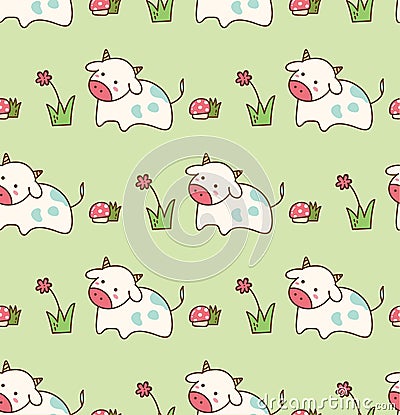 Cow in the grass with flower and mushroom seamless pattern Vector Illustration