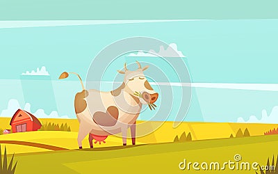 Cow Grazing On Farmland Cartoon Poster Vector Illustration