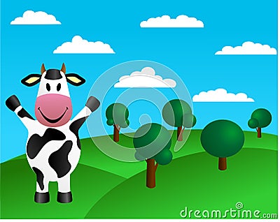 Cow and green hills with trees Vector Illustration