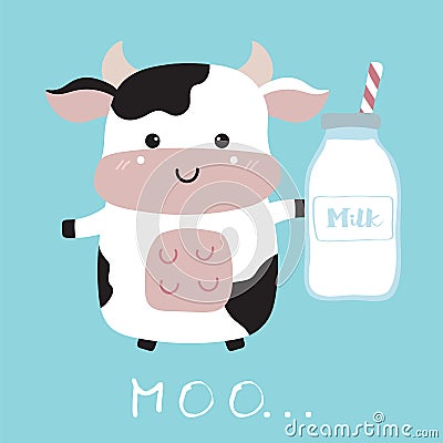 Cow hand drawn cute card with milk Vector Illustration