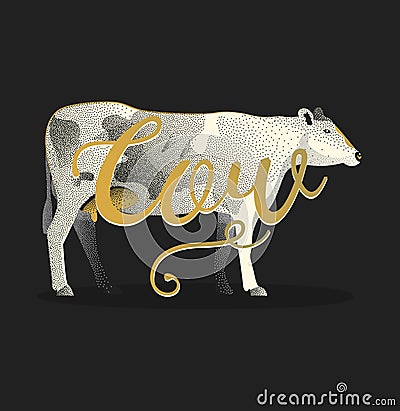 Cow. Hand drawn lettering card design. Pointilism graphic style. Vector Illustration