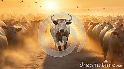 Cow Herd Running Through Dust With A Shark In The Foreground Stock Photo