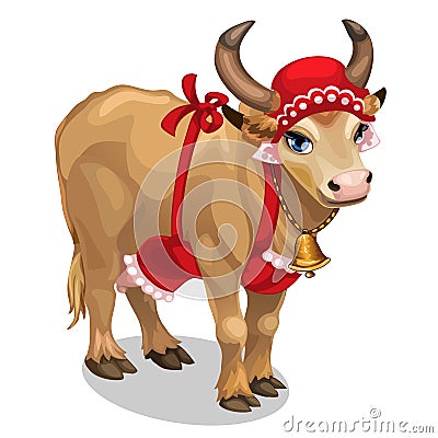 Cow housewife in red cap and apron. Vector Vector Illustration