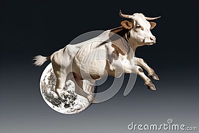 Cow jumping over the moon on white background Stock Photo