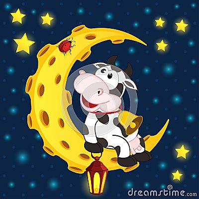 Cow and ladybug on moon Vector Illustration