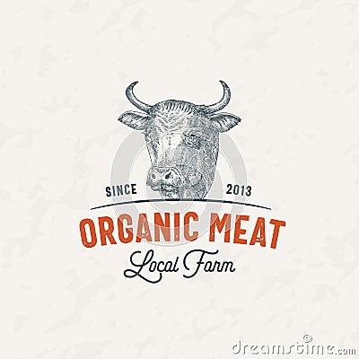 Cow Meat Farm Retro Badge Logo Template. Hand Drawn Cattle Face Sketch with Retro Typography. Vintage Beef Steaks Sketch Vector Illustration