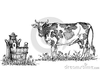 Cow and milk set Vector Illustration