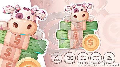 Cow with money - cute sticker Stock Photo