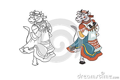 Cow in a dress dancing Vector Illustration