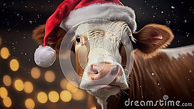 Cow in a Santa Claus hat on a background of bokeh lights, portrait of a pet, copy space, Concept of the Year of Ox Stock Photo