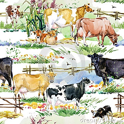 Cow seamless pattern. rural landscape. Cartoon Illustration