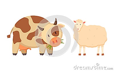 Cow and Sheep Isolated Cartoon Style Animal Vector Vector Illustration