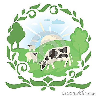 Cow and sheep in a meadow with green grass Vector Illustration