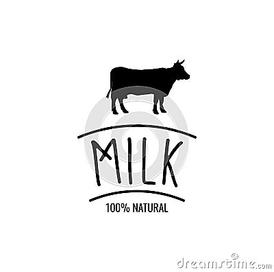 Cow Silhouette Label. Milk Badge 100 Natural. Vector Illustration. Vector Illustration