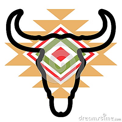 Cow skull silhouette with vintage traditional aztec ornament on head. Vector print art black graphic illustration isolated Vector Illustration