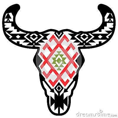 Cow skull with vintage traditional aztec ornament on head. Vector print art black graphic illustration isolated Vector Illustration