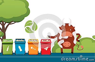 Cow sorting trash, garbage recycling campaign mascot, funny cartoon character, vector illustration Vector Illustration