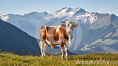 Cow stands in high alpine meadow, snowy mountains behind. Generative AI Stock Photo