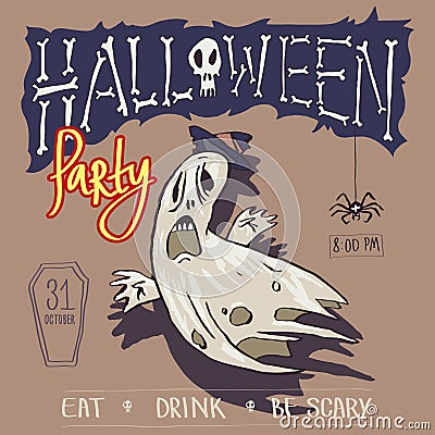 Cowardly anticipation scared the spider. Color image, party invitation, halloween, flyer, poster, banner, package. Vector Illustration