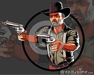 Cowboy in action pointing two pistols Stock Photo